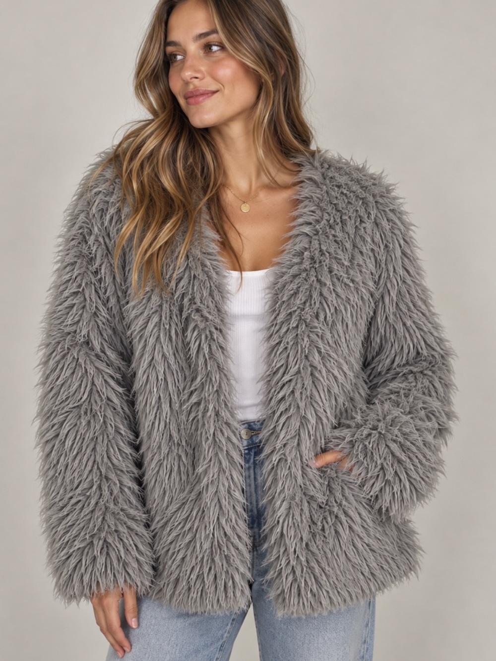 Gray Shaggy Faux Fur Jacket Size Small Oversized Y2K Festival Boho Indie Grunge